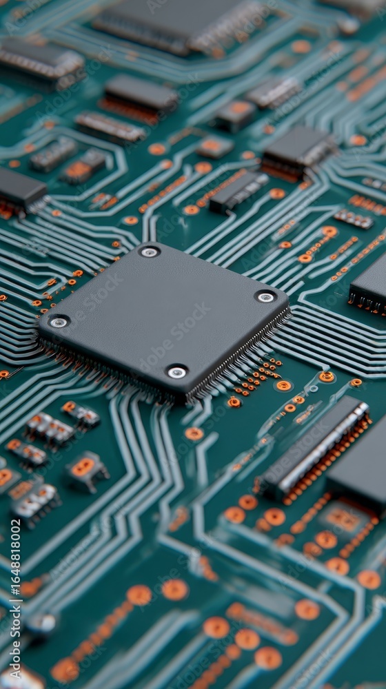 Poster detailed close up macro photograph of a complex green printed circuit board with intricate electroni