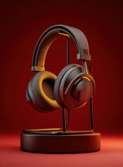 A studio shot showcases a modern pair of headphones resting on a sleek stand, illuminated against a vibrant red backdrop, highlighting its design and functionality.