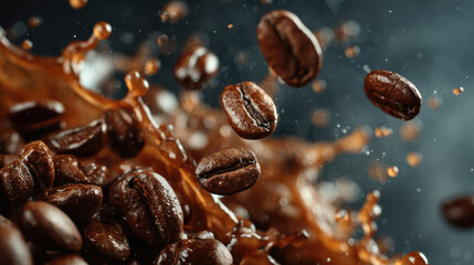 Obraz premium Close up of fresh roasted coffee beans with liquid splash