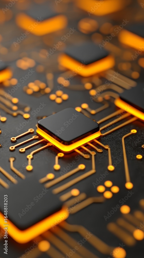 Poster macro photograph of a powerful microelectronic semiconductor integrated circuit processor on a dark 