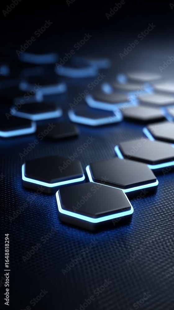 Poster abstract background with a futuristic digital pattern of glowing geometric honeycomb hexagons on a d