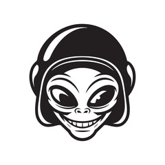 A smiling alien head with headphones in a simple black and white style for a cool music logo vector illustration design,