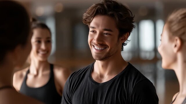 Fitness Instructor Smiles Teaching Relaxed Atmosphere