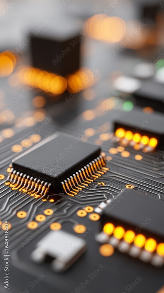 Poster a detailed macro photograph of a green printed circuit board with intricate electronic components mi