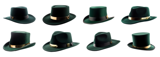Collection of classic St. Patrick's Day top hats in emerald green, isolated on a transparent background. PNG