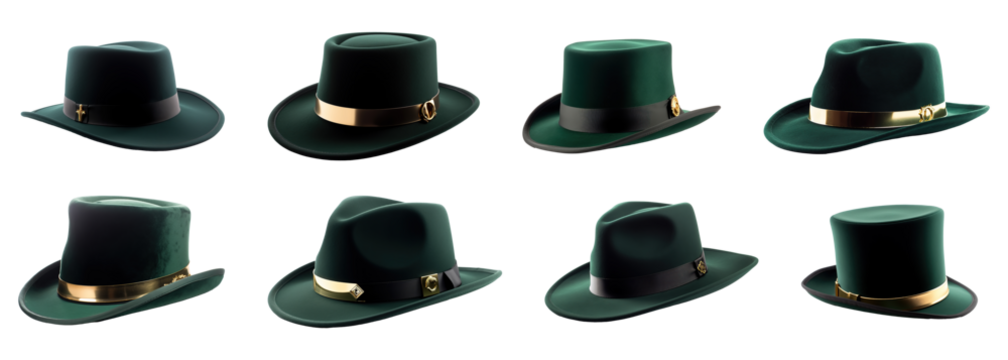 Collection of classic St. Patrick's Day top hats in emerald green, isolated on a transparent background. PNG