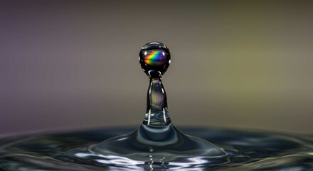 Water drop collision with rainbow reflection against a blurred background.
