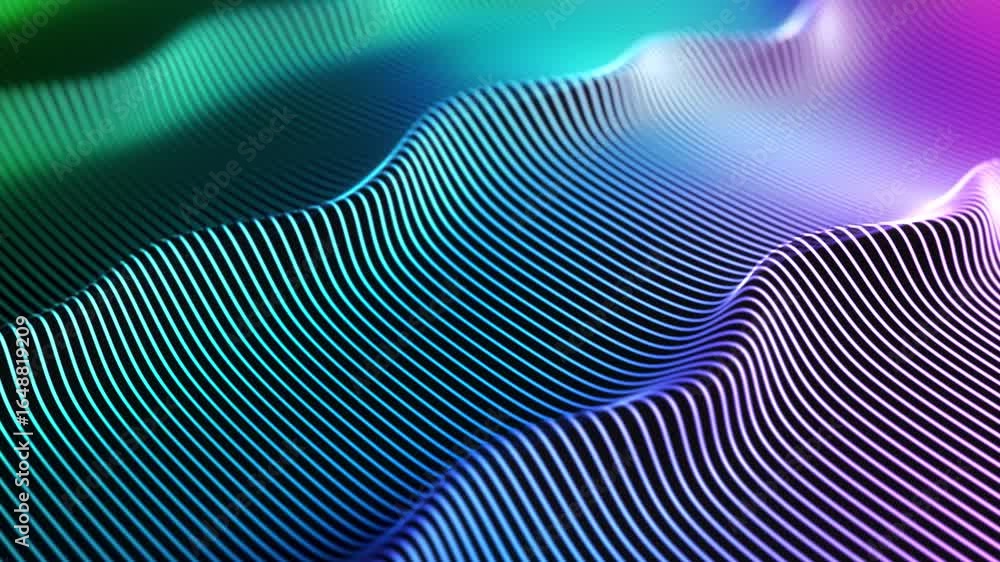 Poster uniform movement of bright wavy surface consisting of luminous lines. abstract concept of artificial