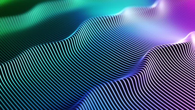 Uniform movement of bright wavy surface consisting of luminous lines. Abstract concept of artificial intelligence, big data or digital sound. Sound wave in virtual space, black background looped video