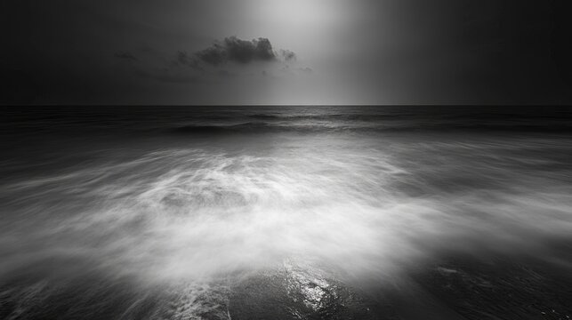 Gray monochrome seascape, moonlit waves