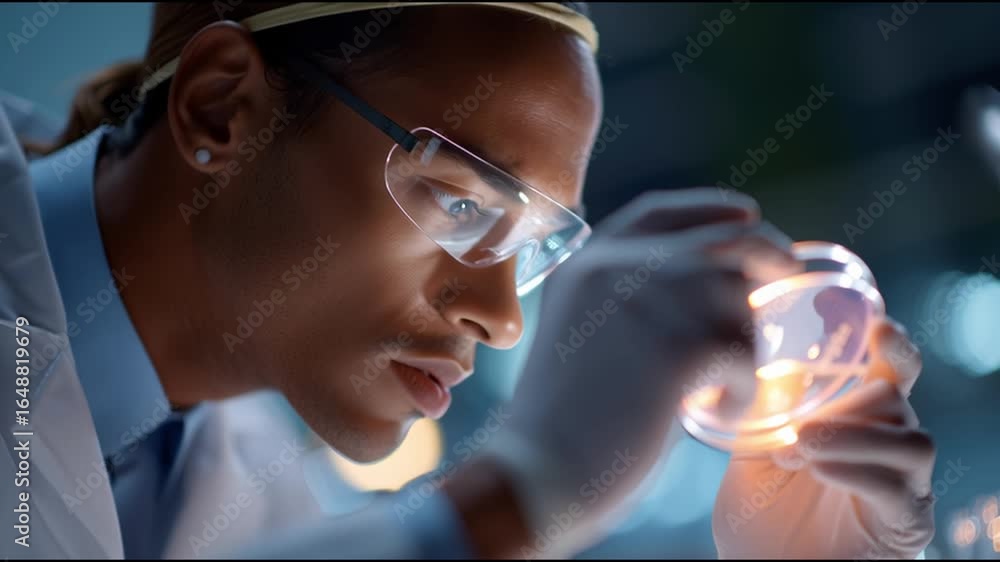Poster scientist conducts experiment in laboratory focusing on precision and detail during evening hours