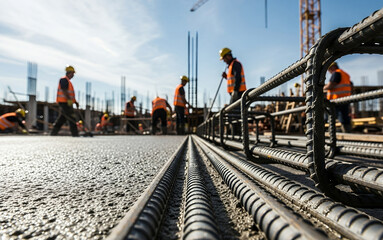 Construction workers standing and working on a newly poured concrete slab, surrounded by exposed steel rebar and towering cranes in the background under clear daylight.