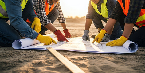 Construction workers closely examine detailed blueprints spread across a sandy surface, all wearing bright reflective safety vests, gloves, and hard hats under warm daylight.