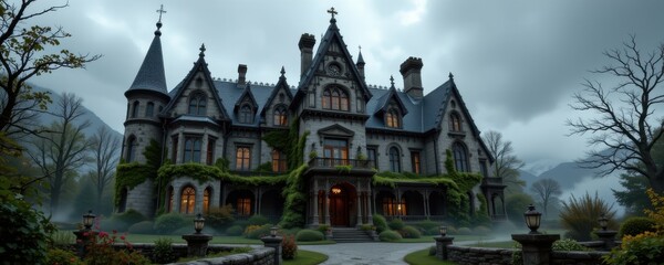 Fototapeta premium gothic halloween mansion with towering pointed towers steep roofs cracked walls broken windows twisted chimneys overgrown ivy fog curling across shadowed stone courtyards and gardens