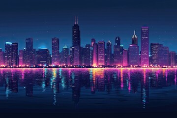 A stunning city skyline at night, illuminated by the vibrant lights of skyscrapers reflecting on calm waters