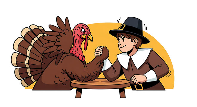 A cartoon illustration of a turkey and a pilgrim arm wrestling on a small wooden table. - Powered by Adobe