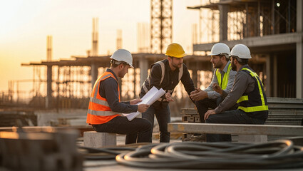Fototapeta premium Construction workers in full safety gear discussing detailed building plans at a busy construction site during sunset, with cranes and scaffolding silhouetted against the sky.
