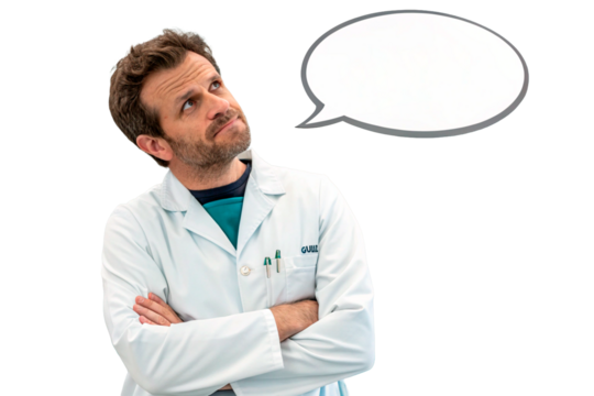 A dentist with a sour expression. Exasperation. Doctor. Suspicion. Suspiciousness.