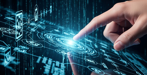 Hand reaching out to touch a glowing digital interface displaying intricate abstract patterns and vibrant blue light, creating a futuristic technological environment with dynamic energy flow.