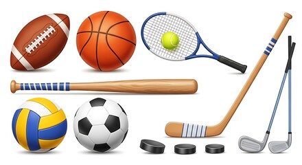 Various sport equipment collection isolated on white background for active lifestyle