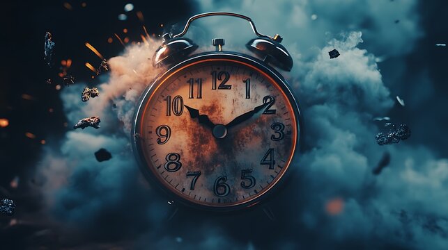 Alarm clock breaking apart with explosion of smoke and debris conceptual photo