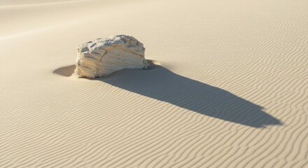 Rock sits on sand casting a long shadow in a desert landscape.