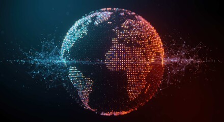 Digital earth globe with red and blue glow on dark background.