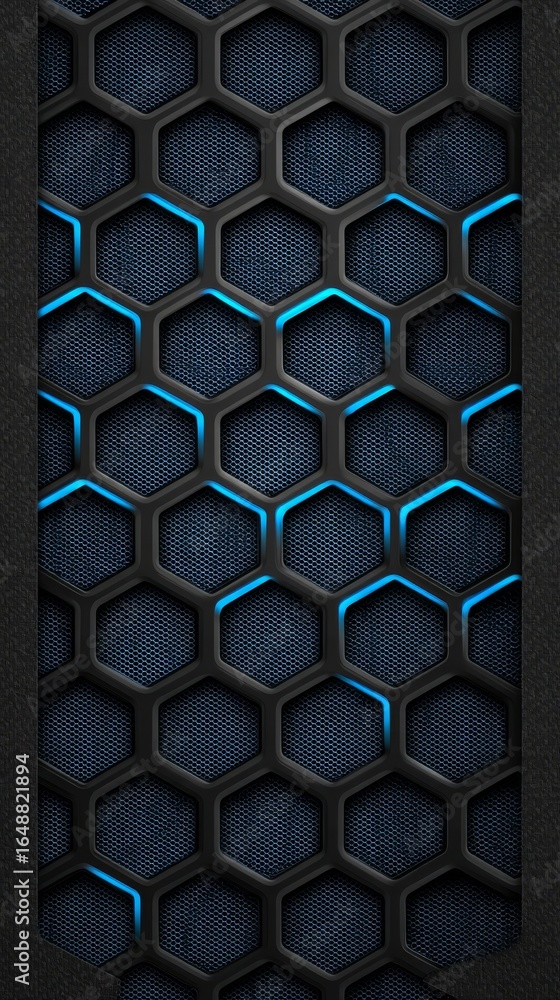 Poster abstract geometric background with a futuristic honeycomb pattern of blue and black hexagons creatin