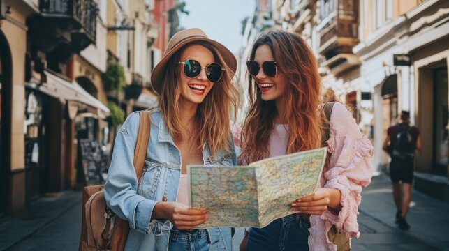 Women friends standing on a city street with a map happy vacation travel.