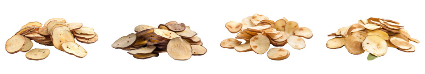 A collection of rustic potato slices in uneven hand-cut shapes isolated on a transparent background. PNG