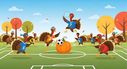 Thanksgiving turkeys playing a spirited soccer game on a fall field.