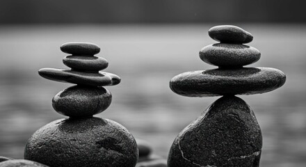 Two stacks of balanced stones in a grayscale outdoor setting.
