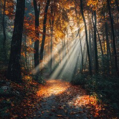 Obraz premium Autumn path, sun rays forest, misty morning, fall leaves, nature scene