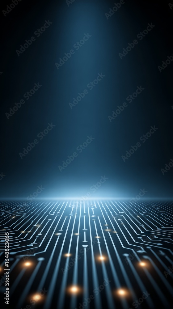 Poster a detailed macro perspective of a dark and blue computer circuit board with glowing light trails ill