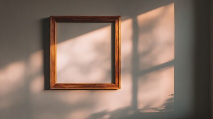 Empty wooden frame on light wall, sunlit shadows