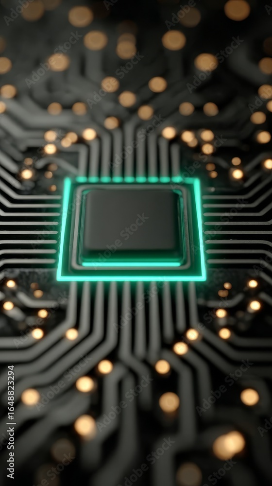 Aufkleber a detailed close up of a complex electronic printed circuit board with a glowing green light emittin