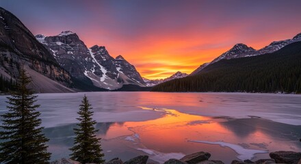 Fototapeta premium Mountain range reflects in lake at sunset with colorful sky and pine trees.