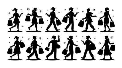 Obraz premium Collection of diverse women silhouettes with shopping bags in various poses