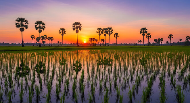 Palm trees silhouette against a vibrant sunset over a flooded rice paddy field