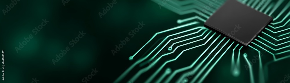 Poster detailed macro photograph of a complex electronic circuit board with a central processing unit micro