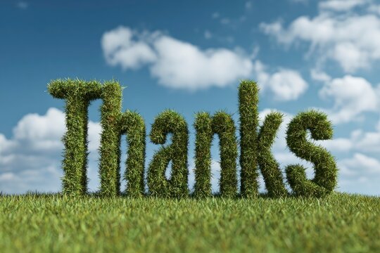 Thanks spelled in grass letters on a grassy hill under a blue cloudy sky