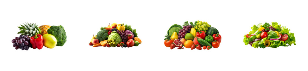 Fresh assortment of ripe fruits and vegetables against a dark backdrop, cut out transparent