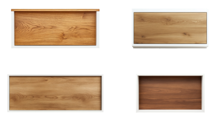 A collection of wooden wall cabinets with empty frames isolated on a transparent background. PNG