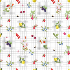 Seamless Watercolor Berry Pattern on Geometric Grid, Hand Painted Fruit and Floral Design with Lemons, Cherries, Blueberries, and Bees Modern Botanical Background for Fabric, Wallpaper, Packaging