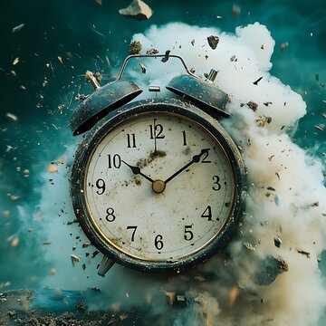 Artistic photo of an old alarm clock exploding with debris and smoke against a teal background