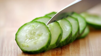 Close-Up of a Japanese Style Knife Slicing Thin Cucumber Pieces on a Wooden Cutting Board with Precise Cuts and Fresh Ingredients