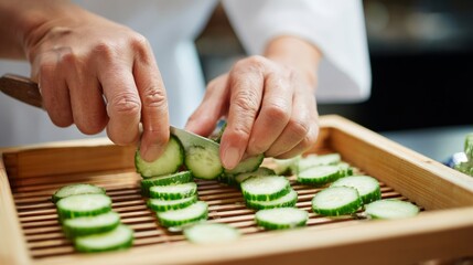 Expert chef skillfully slicing fresh cucumber with precision, showcasing Japanese culinary technique, vibrant colors, and meticulous knife work