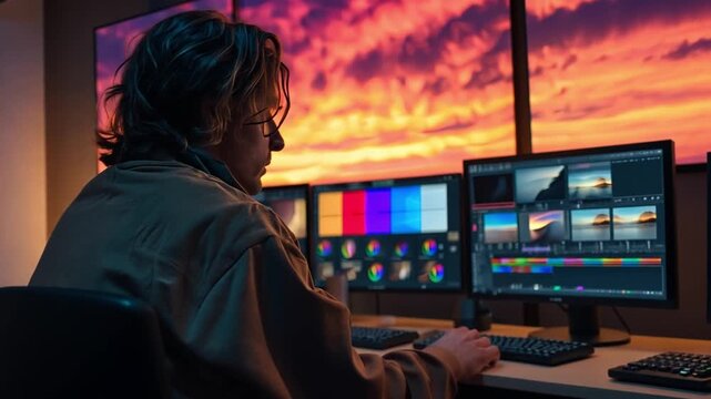 A colorist reviewing a sunset scene, tweaking contrast and hue for emotional effect in a dark editing room with RGB scopes glowing