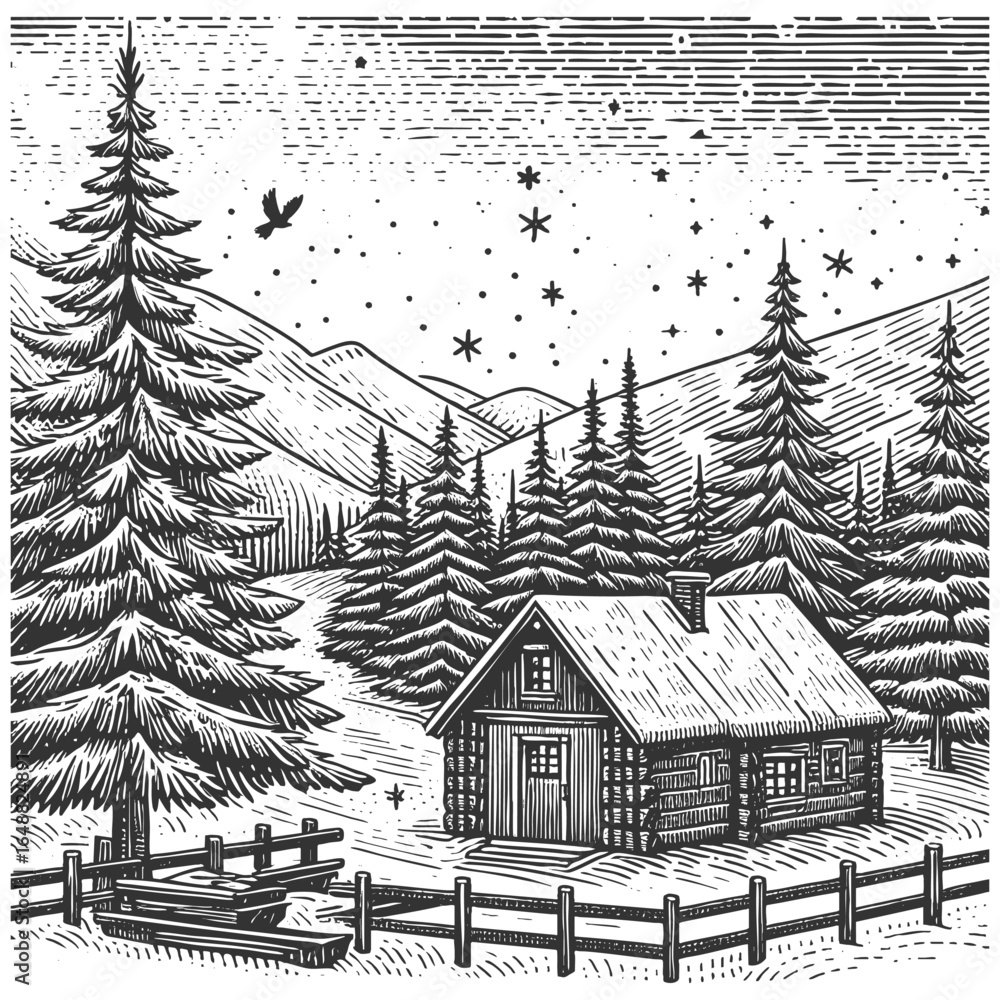 Poster rustic log cabin surrounded by tall pine trees and snow, with a wooden fence in the foreground sketc