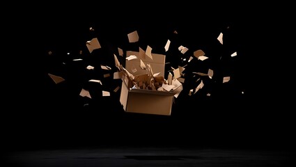 Exploding Cardboard Box Concept with Flying Pieces on Black Backdrop Revealing Packaging Mystery and Unexpected Delivery Solutions for Business